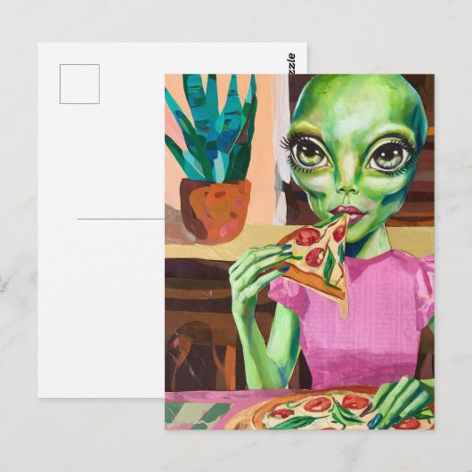 Alien in roze pizza eten briefkaart (Voorkant / Achterkant)