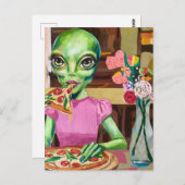 Alien in roze pizza eten met een bloemenvaas briefkaart (Voorkant / Achterkant)
