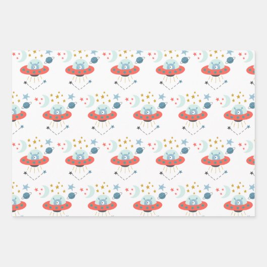 Alien in Ruimteschip Pattern Boy Verjaardag Wit Bl Inpakpapier Vel (Voorkant 2)