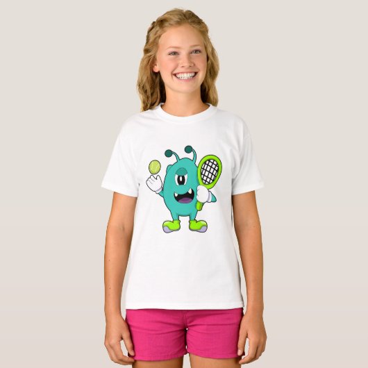Alien in Tennis met Tennis racket T-shirt (Voorkant volledig)