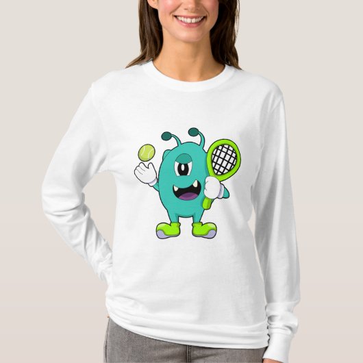 Alien in Tennis met Tennis racket T-shirt (Voorkant)