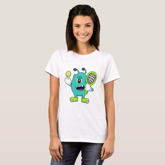 Alien in Tennis met Tennis racket T-shirt (Voorkant volledig)