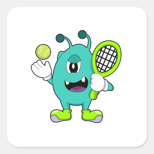 Alien in Tennis met Tennis racket Vierkante Sticker (Voorkant)