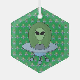 Alien in zijn kleine ruimteschip glas ornament