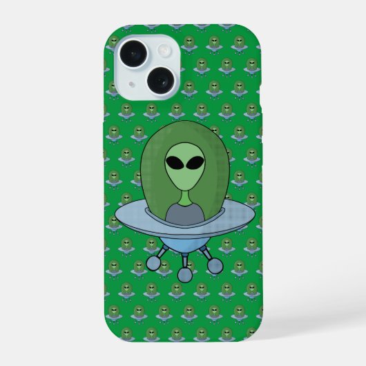 Alien in zijn kleine ruimteschip iPhone 15 case (Achterkant)