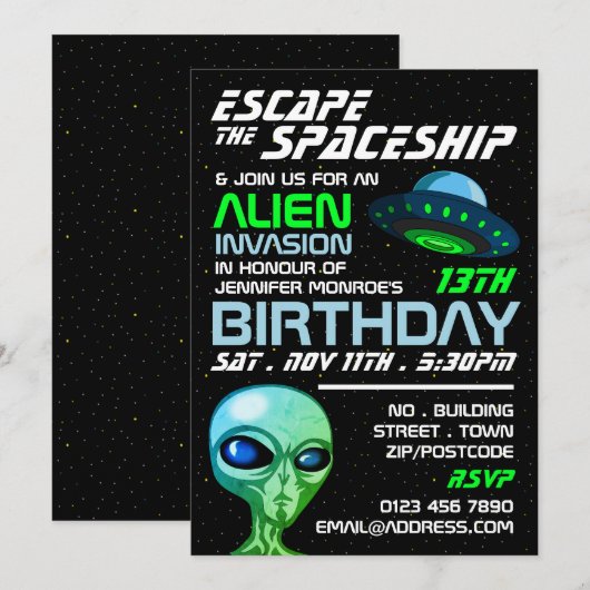Alien Invasion Theme, Escape Room, Birthday Party Kaart (Voorkant / Achterkant)