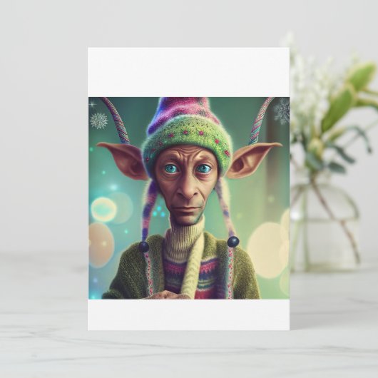 Alien Kerstmis Elf Gift. T-shirt Feestdagenkaart (Staand voorkant)