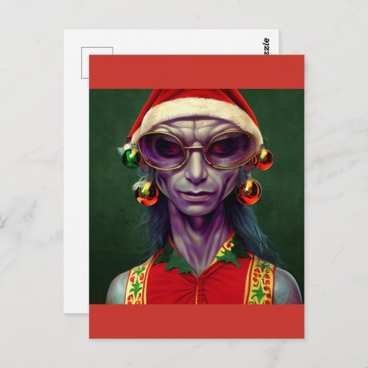 Alien Kerstmis Hippie Elf Gift. T-shirt Briefkaart (Voorkant / Achterkant)