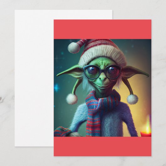 Alien Kerstmis Hippie Elf Gift. T-shirt Feestdagenkaart (Voorkant / Achterkant)