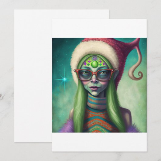 Alien Kerstmis Hippie Elf Gift. T-shirt Feestdagenkaart (Voorkant / Achterkant)