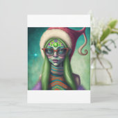Alien Kerstmis Hippie Elf Gift. T-shirt Feestdagenkaart (Staand voorkant)