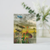 Alien kijkt naar een luchtwagen aan de hemel briefkaart (Staand voorkant)