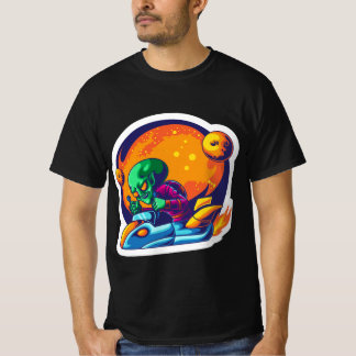 Alien klaar voor oorlog met ruimteschip sticker t-shirt