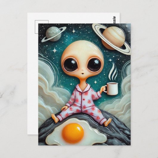 Alien koffie met ei en koffie zit op de rots briefkaart (Voorkant / Achterkant)