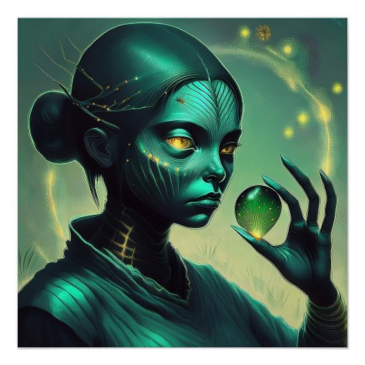 Alien Lady houdt transparant glazen object vast Perfect Poster (Voorkant)