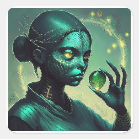 Alien Lady houdt transparant glazen object vast Vierkante Sticker (Voorkant)