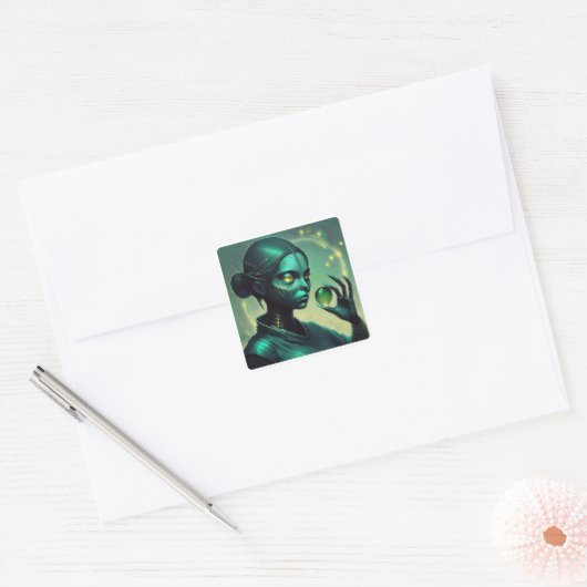 Alien Lady houdt transparant glazen object vast Vierkante Sticker (Envelop)