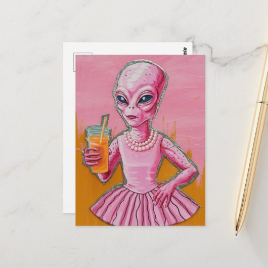 Alien Lady in Roze met Oranje Juice Briefkaart (Voorkant / Achterkant in situ)