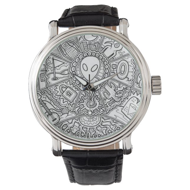 Alien Mandala Zwart-wit Horloge (Voorkant)