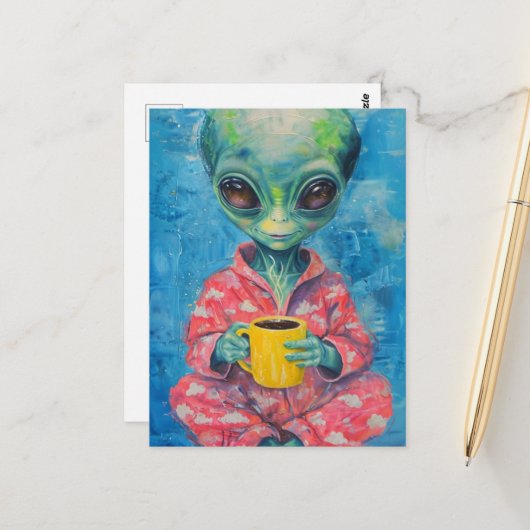 Alien met een kopje koffie briefkaart (Voorkant / Achterkant in situ)