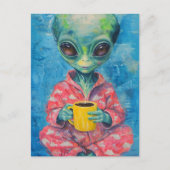 Alien met een kopje koffie briefkaart (Voorkant)