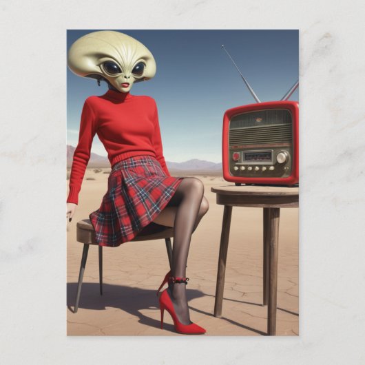 Alien met een radio in de woestijn briefkaart (Voorkant)
