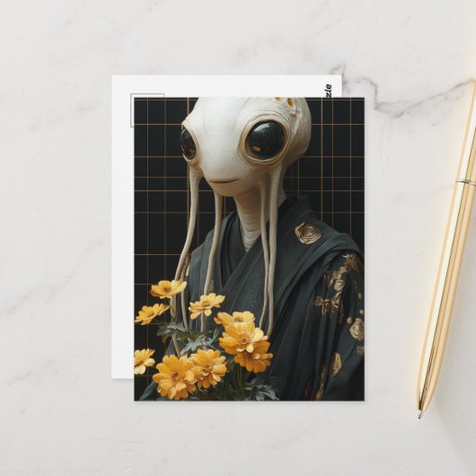 Alien met gele bloemen briefkaart (Voorkant / Achterkant in situ)