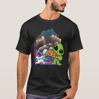 Alien met pizza in het kosmische landschap t-shirt