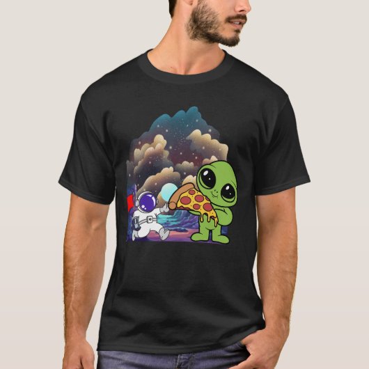 Alien met pizza in het kosmische landschap t-shirt (Voorkant)