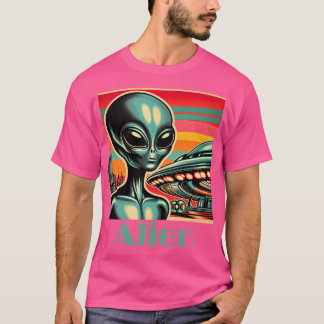 Alien met UFO Retro-stijl T-shirt