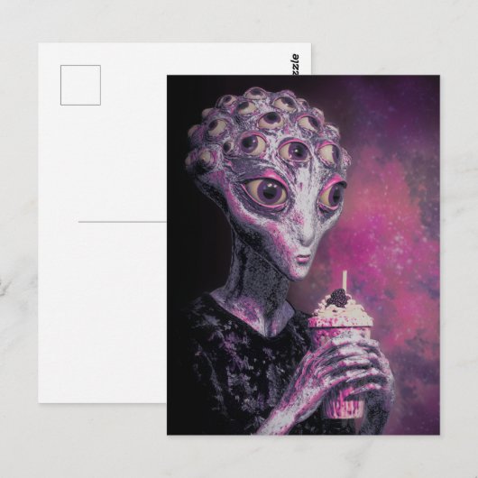 Alien met veel ogen en een milkshake briefkaart (Voorkant / Achterkant)