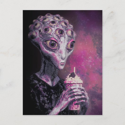 Alien met veel ogen en een milkshake briefkaart (Voorkant)