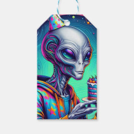 Alien met verjaardagstaart cadeaulabel