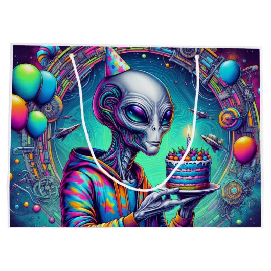 Alien met verjaardagstaart groot cadeauzakje (Achterkant)