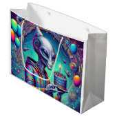 Alien met verjaardagstaart groot cadeauzakje (Voorkant Gekanteld)