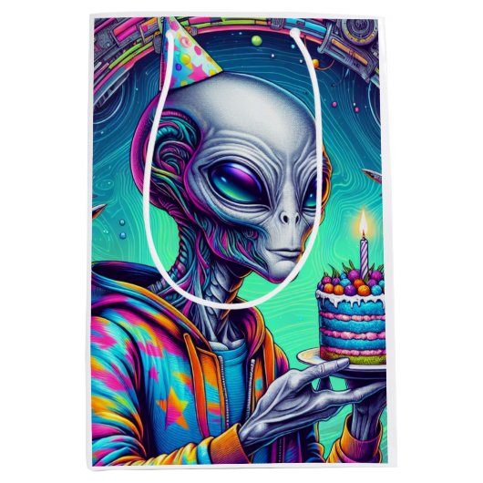 Alien met verjaardagstaart medium cadeauzakje (Voorkant)
