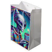 Alien met verjaardagstaart medium cadeauzakje (Achterkant Gekanteld)