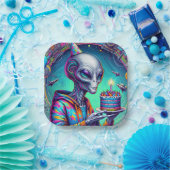 Alien met verjaardagstaart papieren bordje (Feest)
