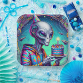 Alien met verjaardagstaart papieren bordje (Feest)