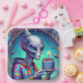 Alien met verjaardagstaart papieren bordje (Feest)