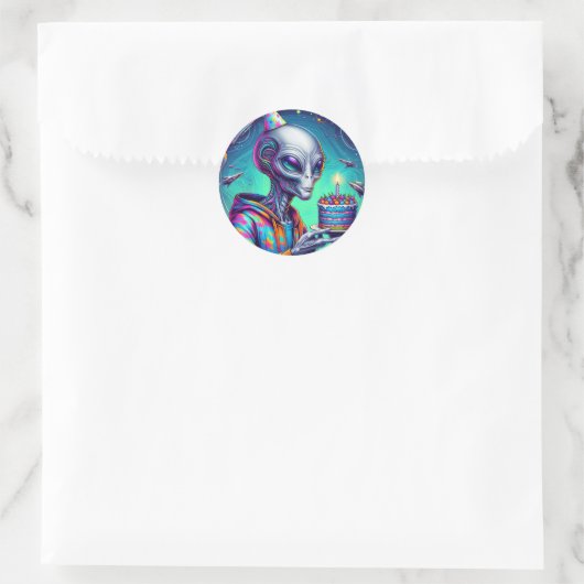 Alien met verjaardagstaart ronde sticker (Tas)