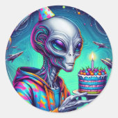 Alien met verjaardagstaart ronde sticker (Voorkant)