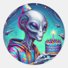 Alien met verjaardagstaart ronde sticker