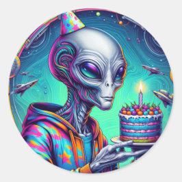 Alien met verjaardagstaart ronde sticker