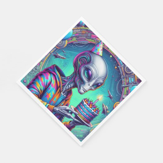 Alien met verjaardagstaart servet (Hoek)