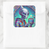 Alien met verjaardagstaart vierkante sticker (Tas)