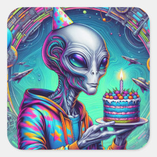 Alien met verjaardagstaart vierkante sticker