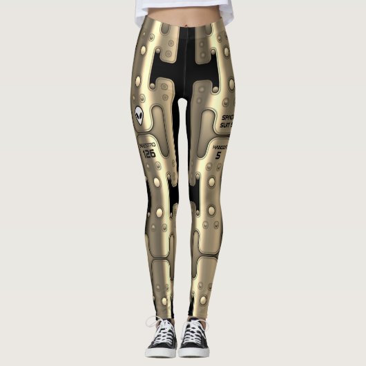 Alien Metallic Android Space Suit Golden Robot Leggings (Voorkant)