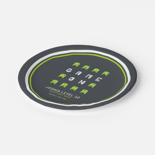 Alien monster pixel grafisch personage kinder part papieren bordje (Gekanteld)