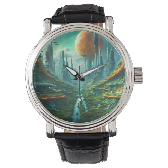 Alien Natuur & Futuristische Stad Surrealistische  Horloge (Voorkant)